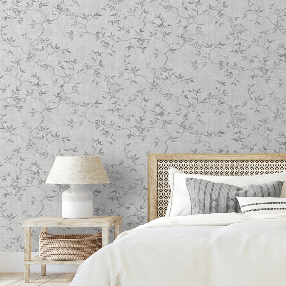 Darcy James Japandi Leaf Grey Wallpaper