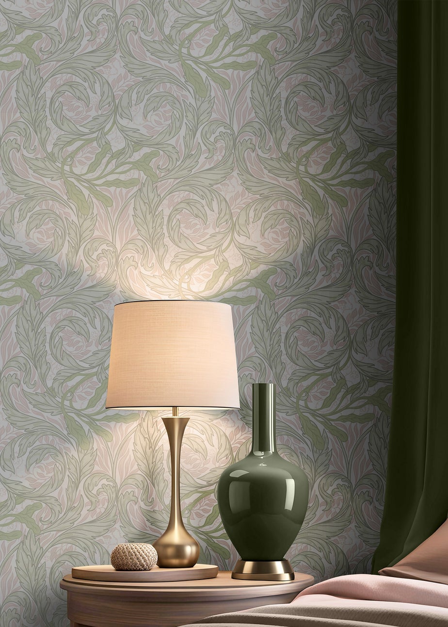 Muriva Vale Leaf Green & Pink Wallpaper