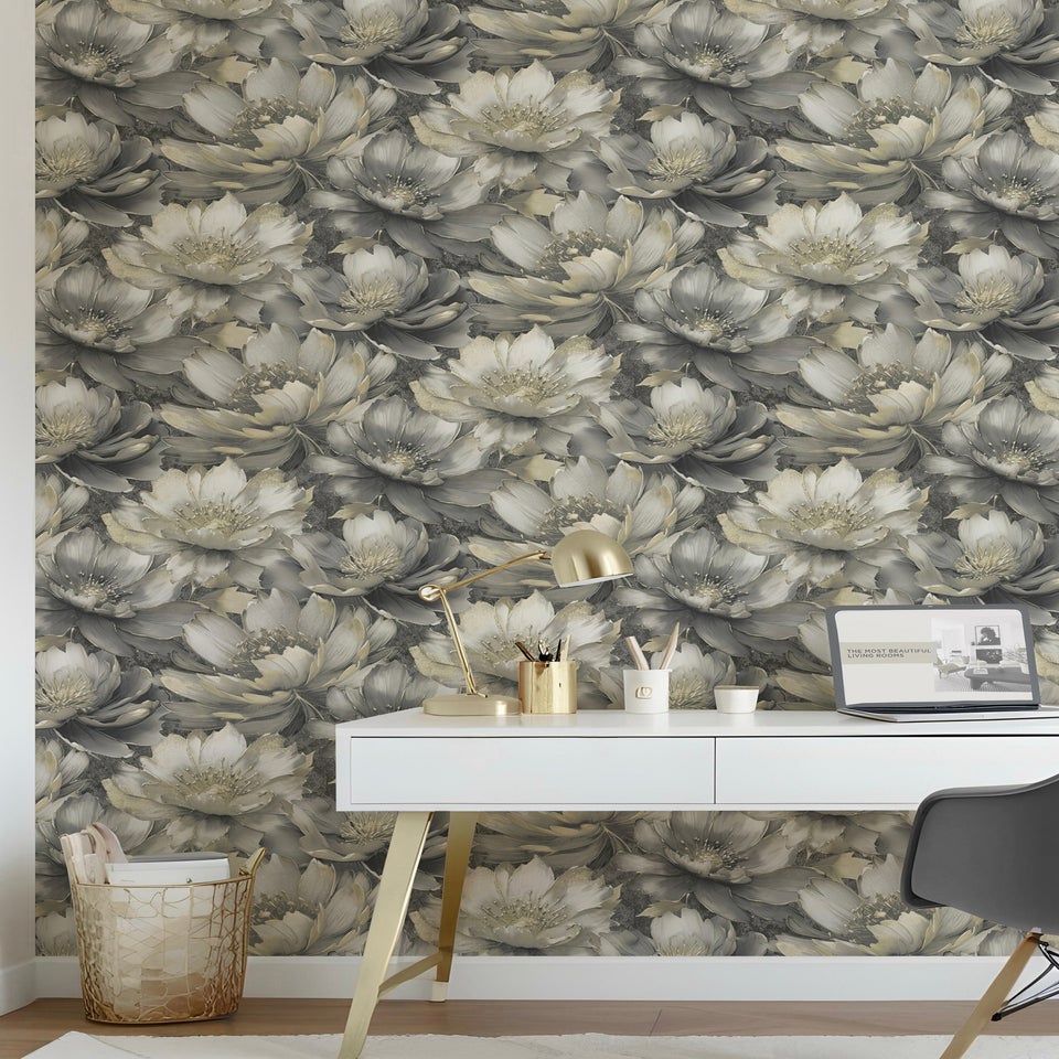 Muriva Aminah Floral Charcoal & Gold Wallpaper