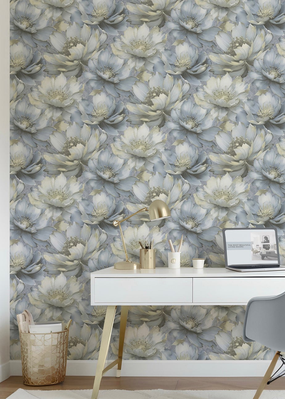 Muriva Aminah Floral Blue Wallpaper