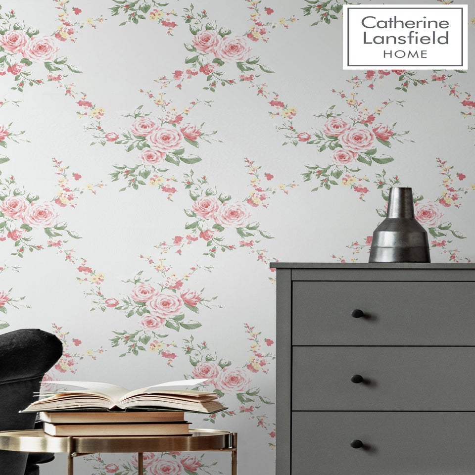 Catherine Lansfield Canterbury Floral Soft Grey & Red Wallpaper