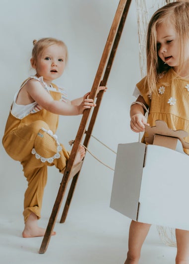 Lilly & Sid Organic Cotton Yellow Floral Applique Dungarees (24 Months- 8 Years)