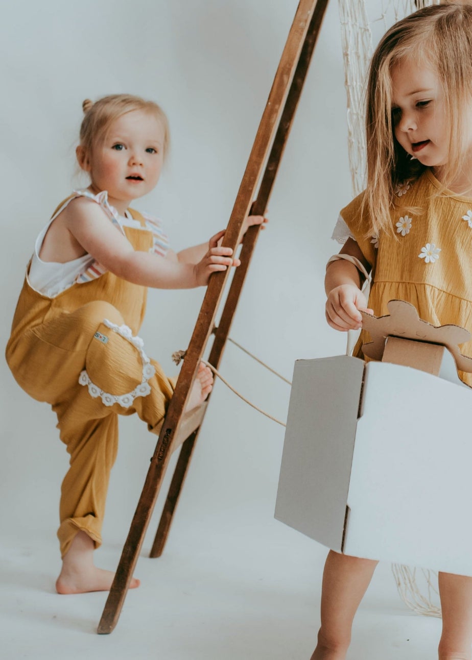 Lilly & Sid Organic Cotton Yellow Floral Applique Dungarees (24 Months- 8 Years)