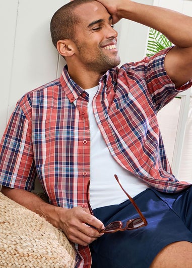 Cotton Traders Terracotta Short Sleeve Casual Check Shirt