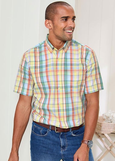 Cotton Traders Soft Yellow Short Sleeve Casual Check Shirt