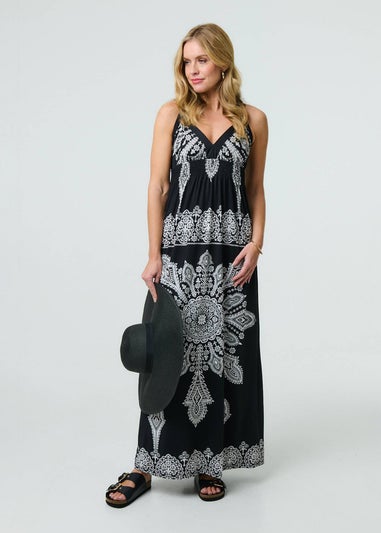 Izabel London Black & White Printed Cami Strap Empire Maxi Dress