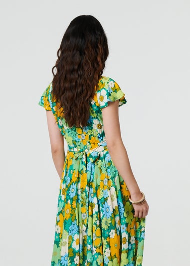Izabel London Green Floral Ruched Cap Sleeve Maxi Dress