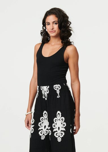 Izabel London Black Ikat Print High Waist Wide Leg Trousers