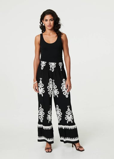 Izabel London Black Ikat Print High Waist Wide Leg Trousers