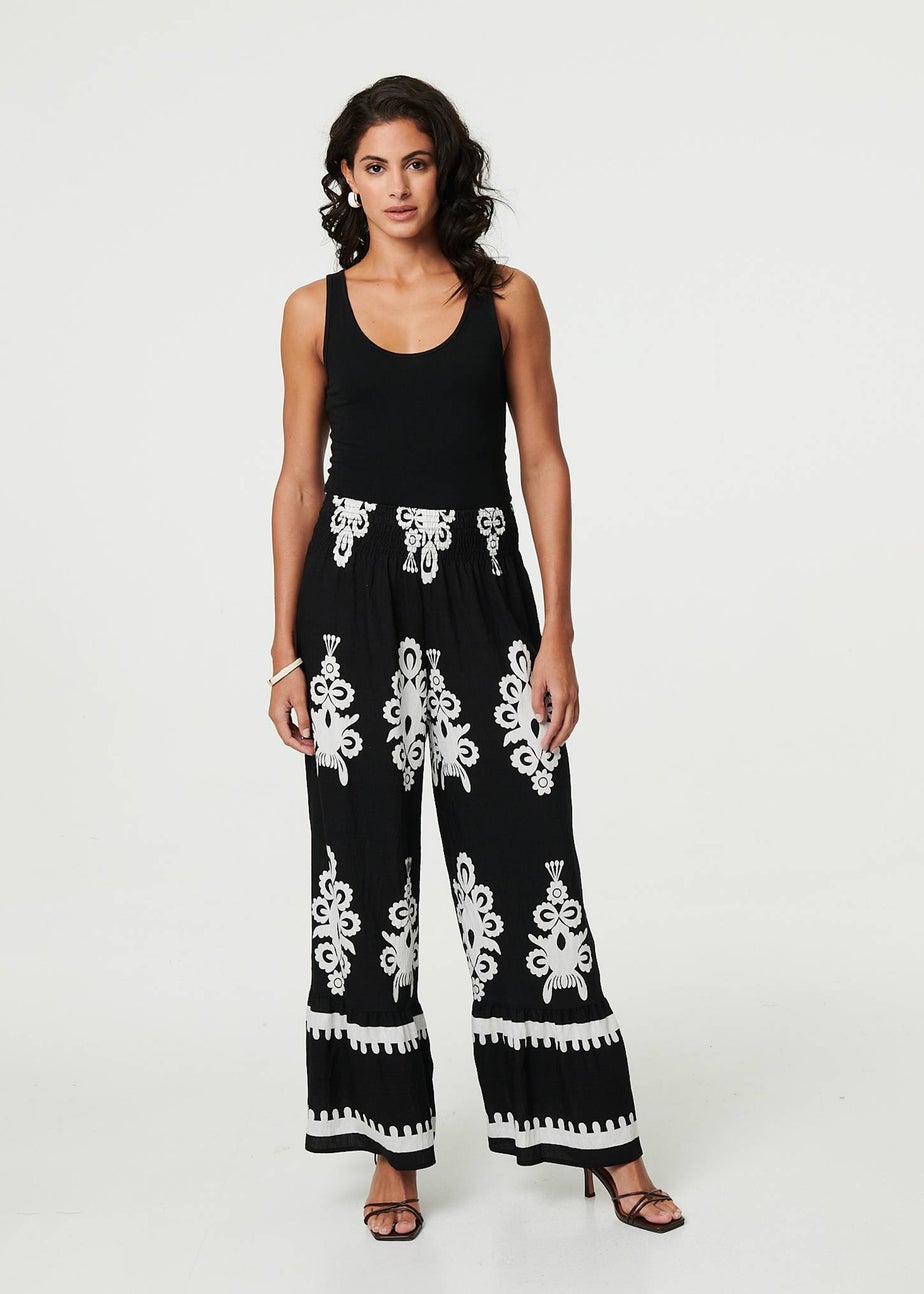 Izabel London Black Ikat Print High Waist Wide Leg Trousers