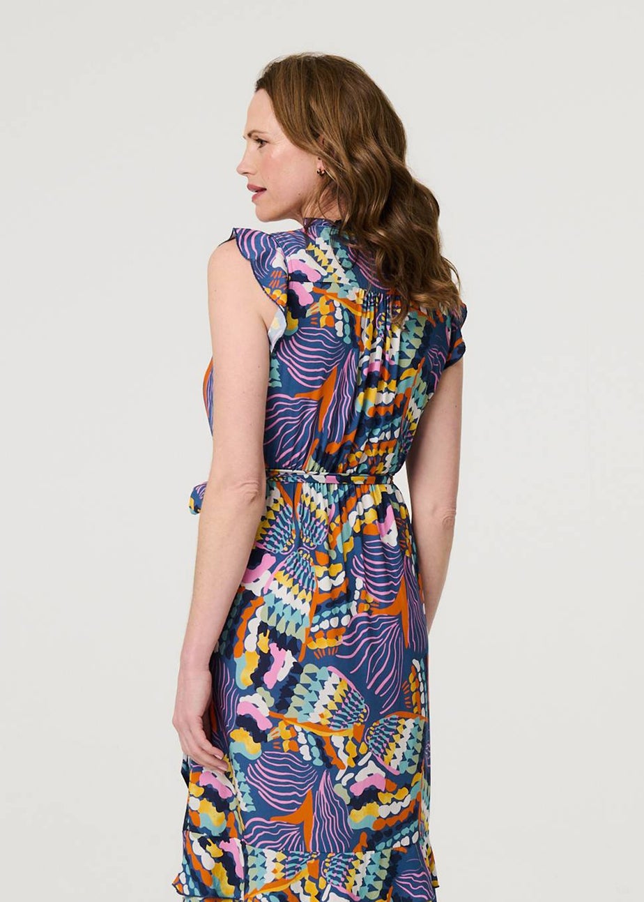 Izabel London Blue Abstract Frill Cap Sleeve Wrap Midi Dress