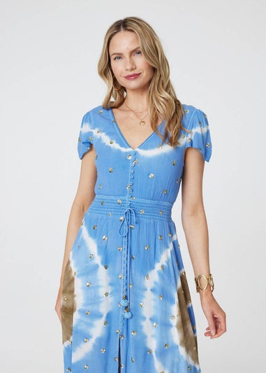 Izabel London Blue Tie Dye Print Shirred Tie Waist Midi Dress