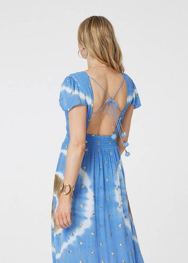 Izabel London Blue Tie Dye Print Shirred Tie Waist Midi Dress