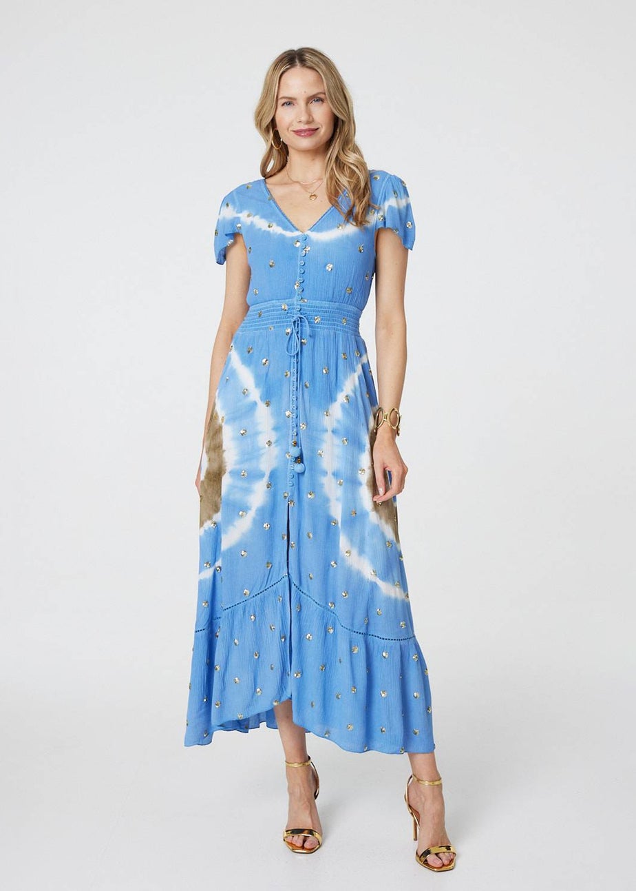 Izabel London Blue Tie Dye Print Shirred Tie Waist Midi Dress