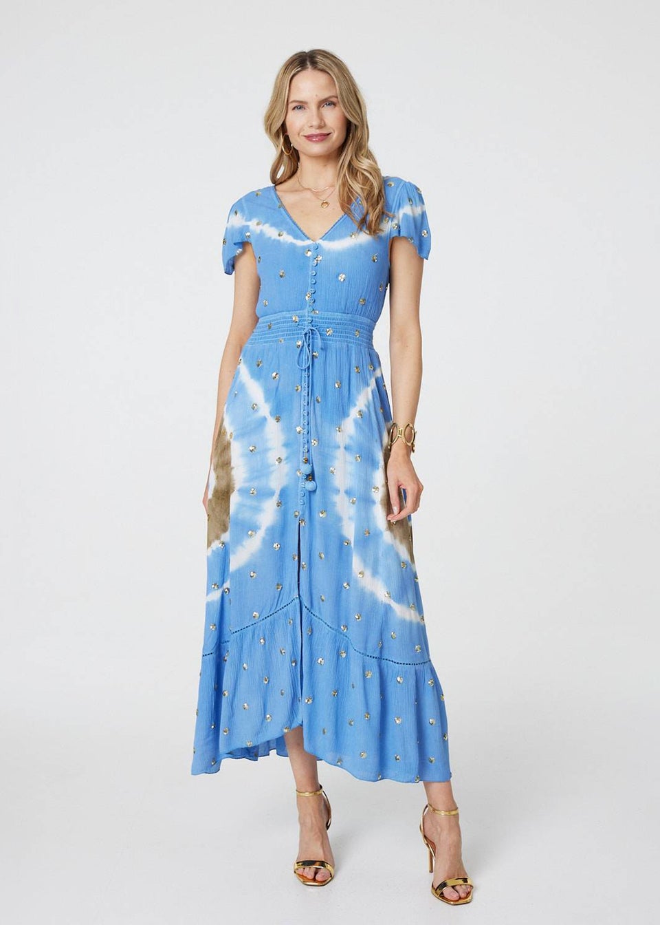 Izabel London Blue Tie Dye Print Shirred Tie Waist Midi Dress