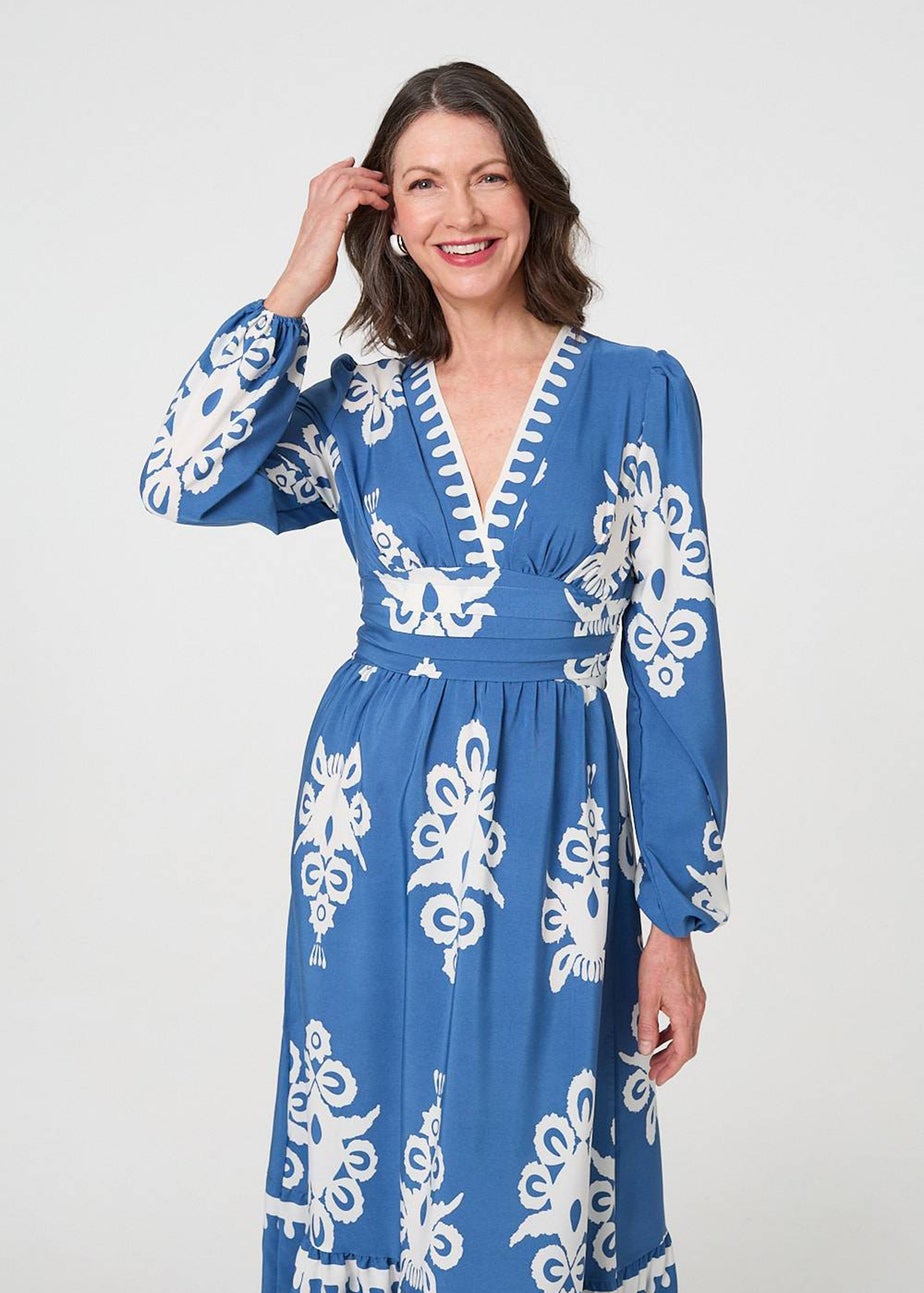 Izabel London Blue Ikat Print Empire Kimono Maxi Dress
