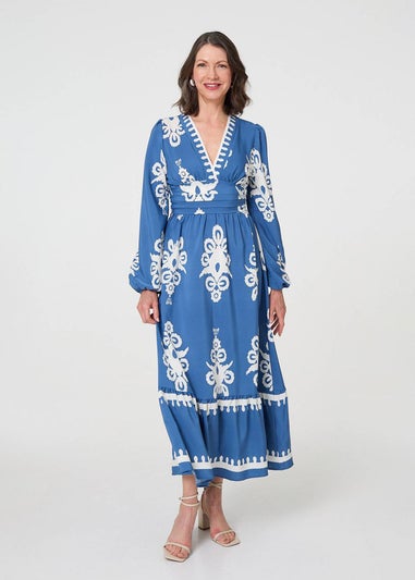 Izabel London Blue Ikat Print Empire Kimono Maxi Dress