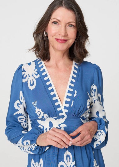 Izabel London Blue Ikat Print Empire Kimono Maxi Dress