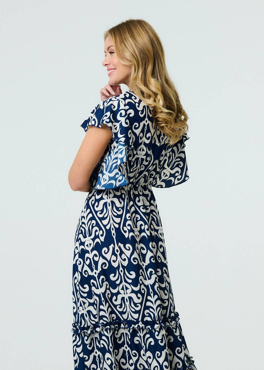 Izabel London Navy Mosaic Print Ruffle Batwing Sleeve Maxi Dress