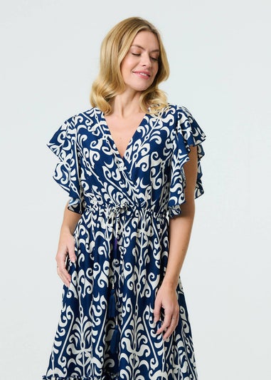 Izabel London Navy Mosaic Print Ruffle Batwing Sleeve Maxi Dress