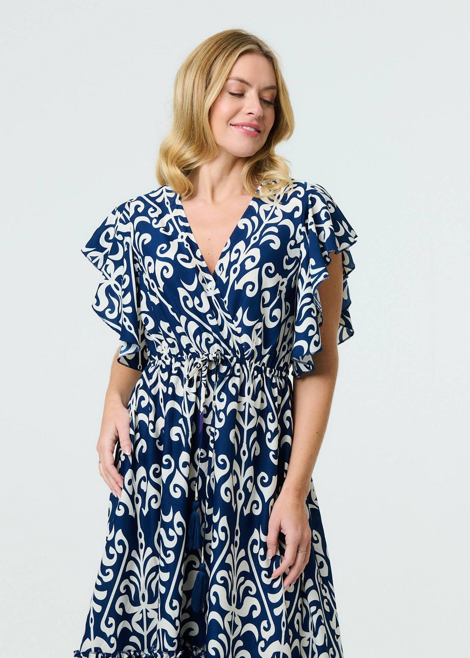 Izabel London Navy Mosaic Print Ruffle Batwing Sleeve Maxi Dress