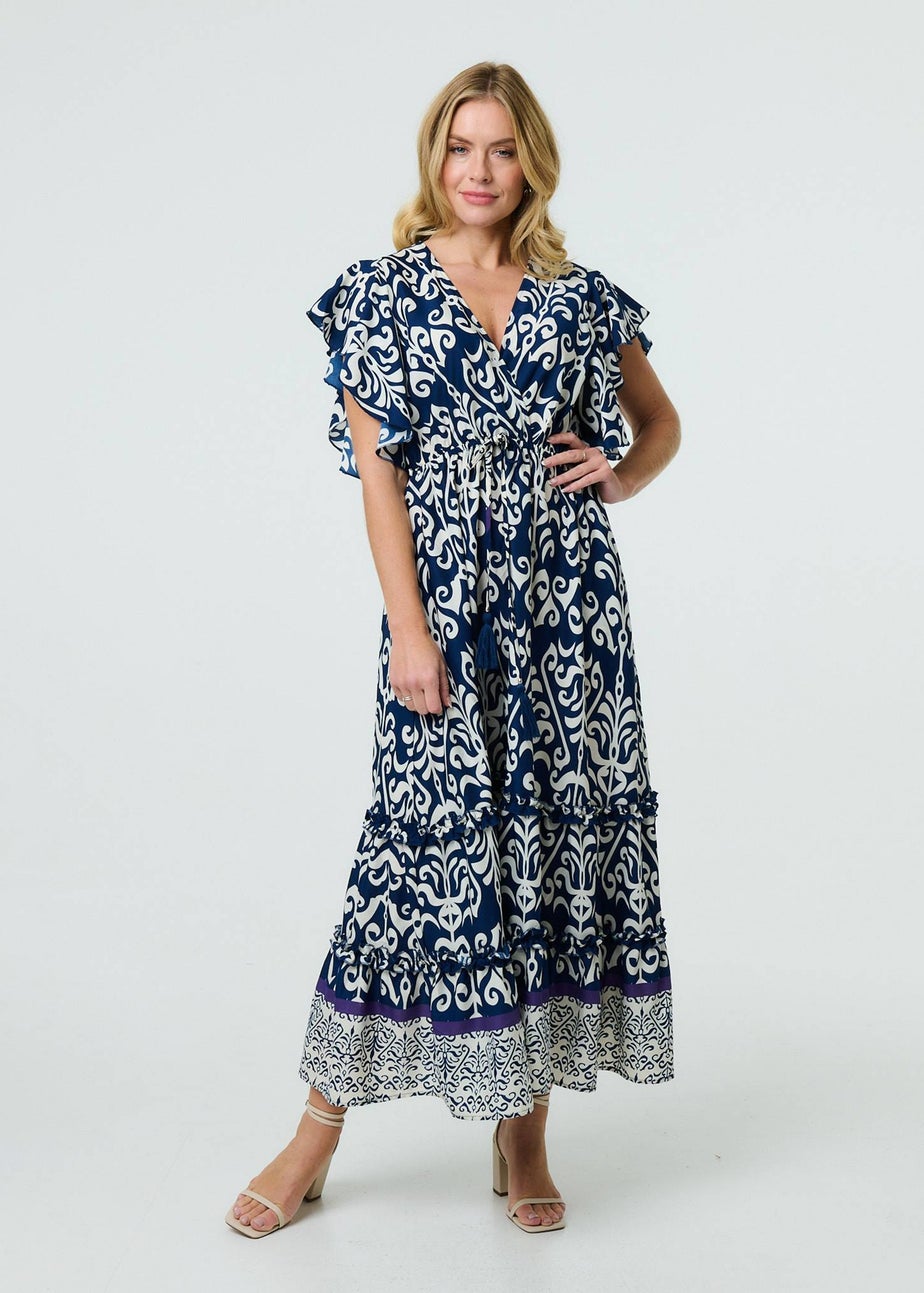 Izabel London Navy Mosaic Print Ruffle Batwing Sleeve Maxi Dress