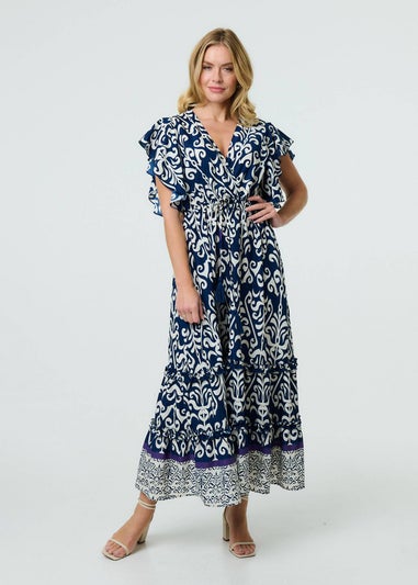 Izabel London Navy Mosaic Print Ruffle Batwing Sleeve Maxi Dress