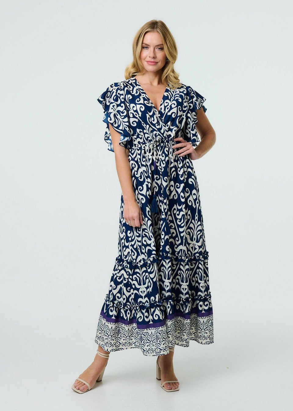 Izabel London Navy Mosaic Print Ruffle Batwing Sleeve Maxi Dress