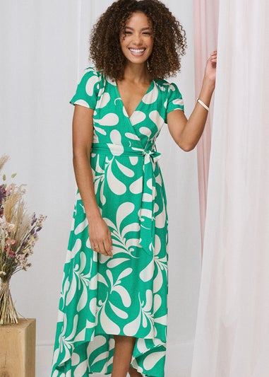 Izabel London Green Printed Tie Waist Split Hem Midi Dress