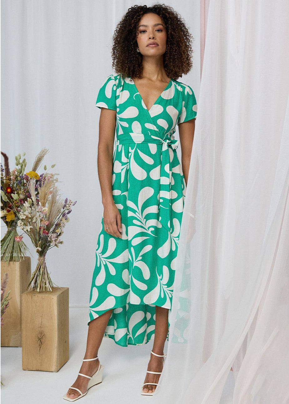 Izabel London Green Printed Tie Waist Split Hem Midi Dress