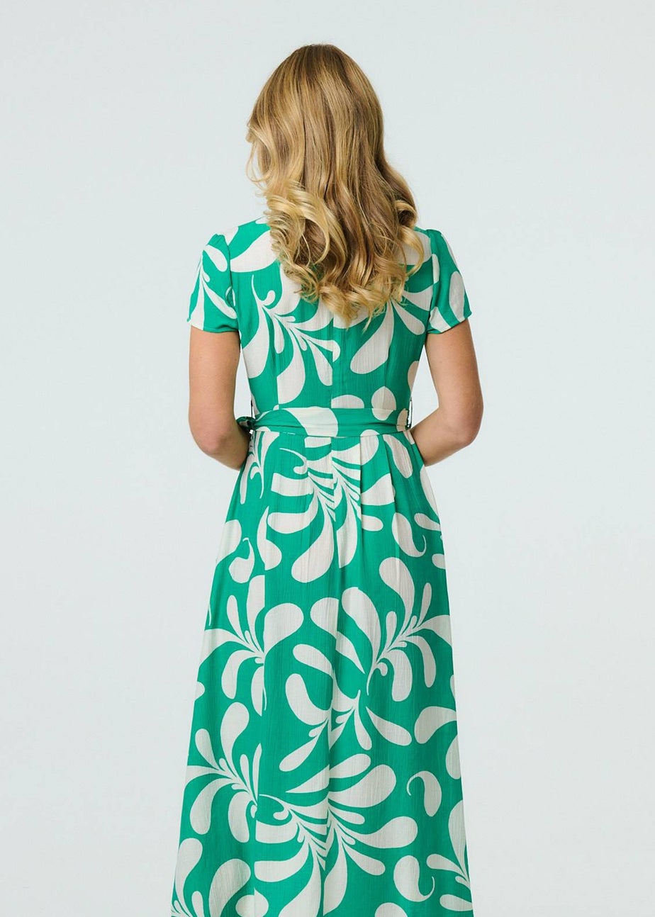 Izabel London Green Printed Tie Waist Split Hem Midi Dress