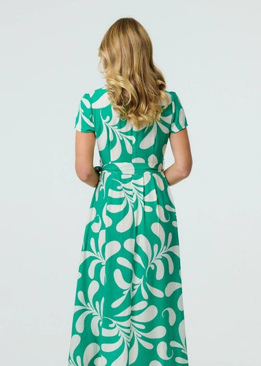 Izabel London Green Printed Tie Waist Split Hem Midi Dress