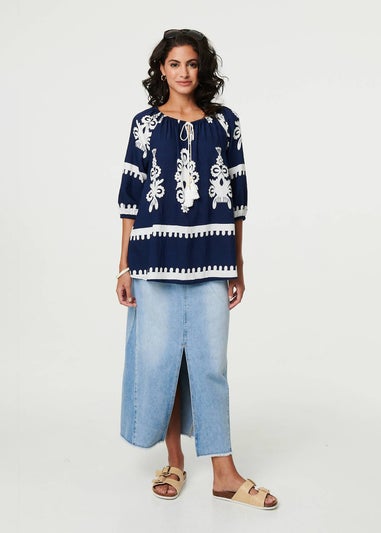 Izabel London Navy Ikat Print Tassel Tie Neck Blouse