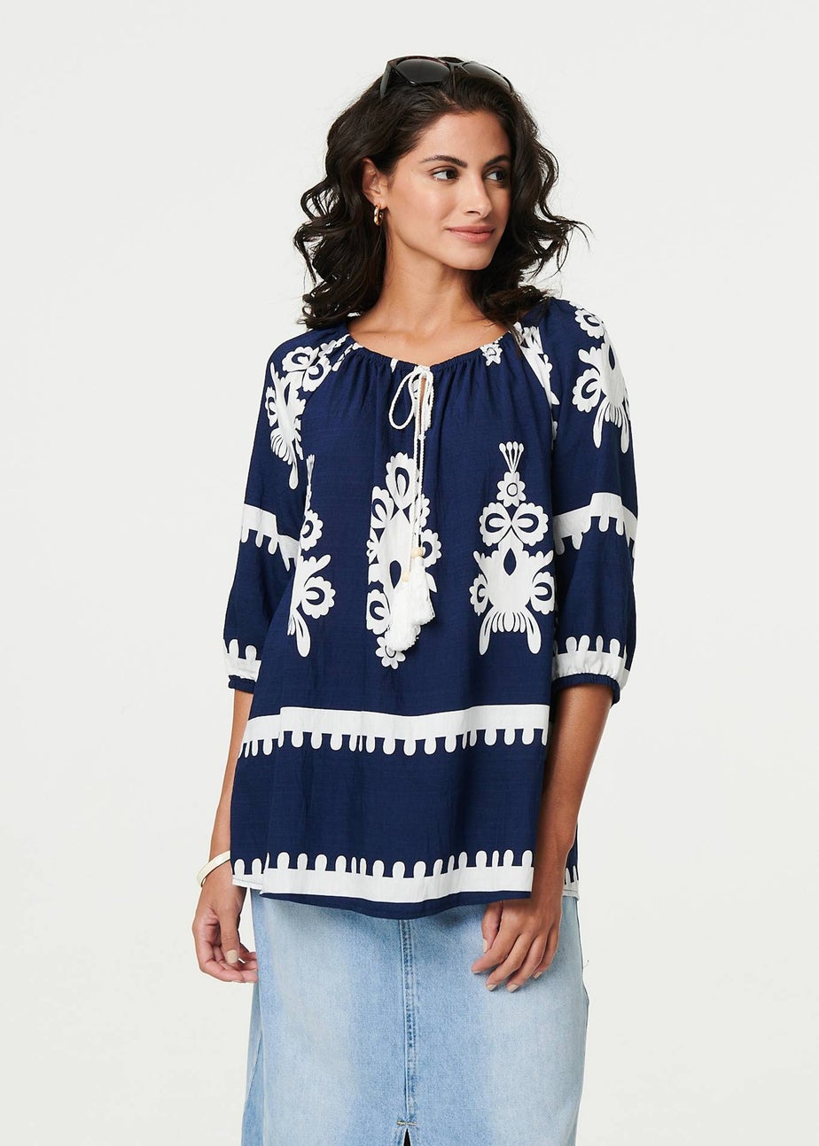 Izabel London Navy Ikat Print Tassel Tie Neck Blouse