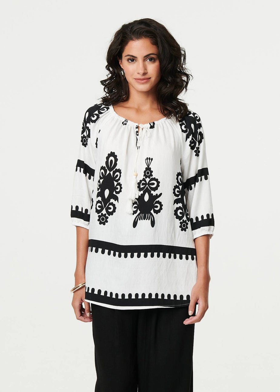Izabel London White Ikat Print Tassel Tie Neck Blouse