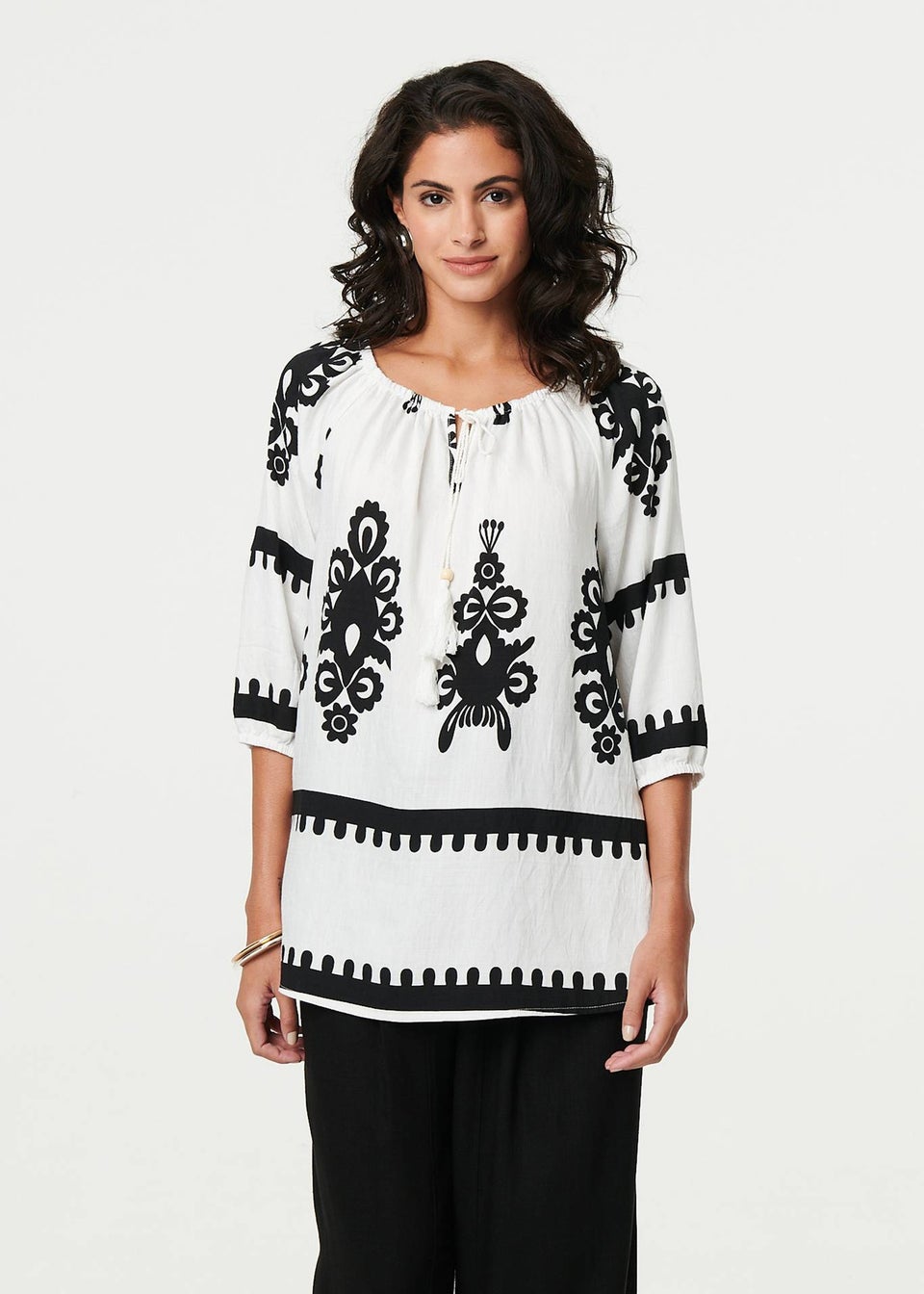 Izabel London White Ikat Print Tassel Tie Neck Blouse