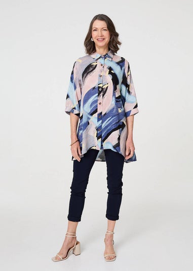 Izabel London Blue Brushstroke Print Collared Relaxed Shirt
