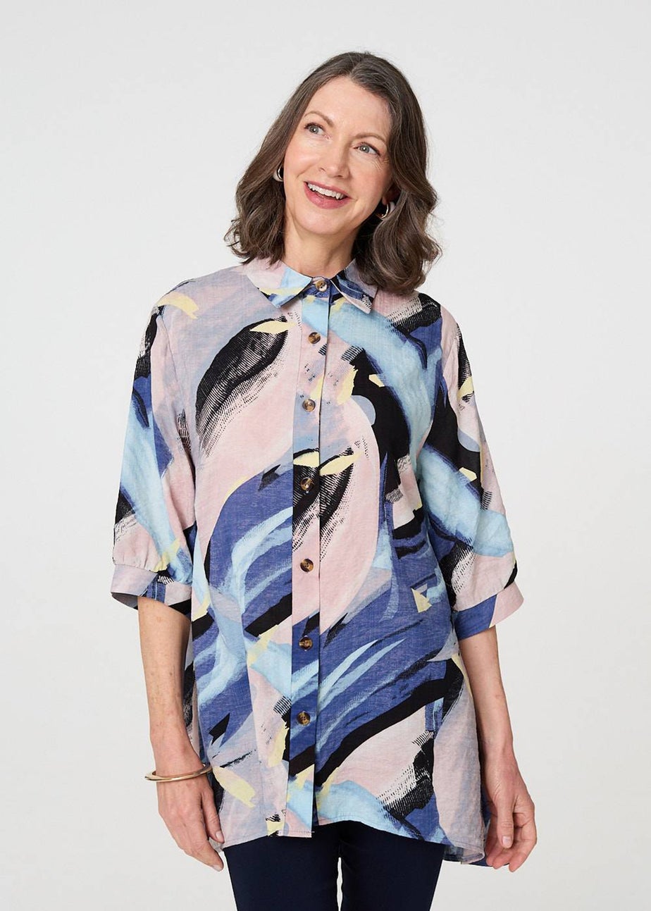Izabel London Blue Brushstroke Print Collared Relaxed Shirt