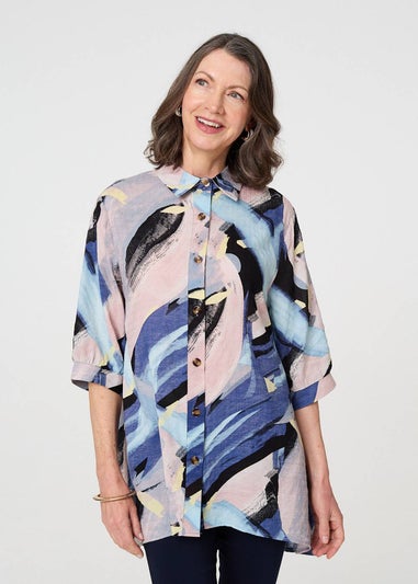 Izabel London Blue Brushstroke Print Collared Relaxed Shirt
