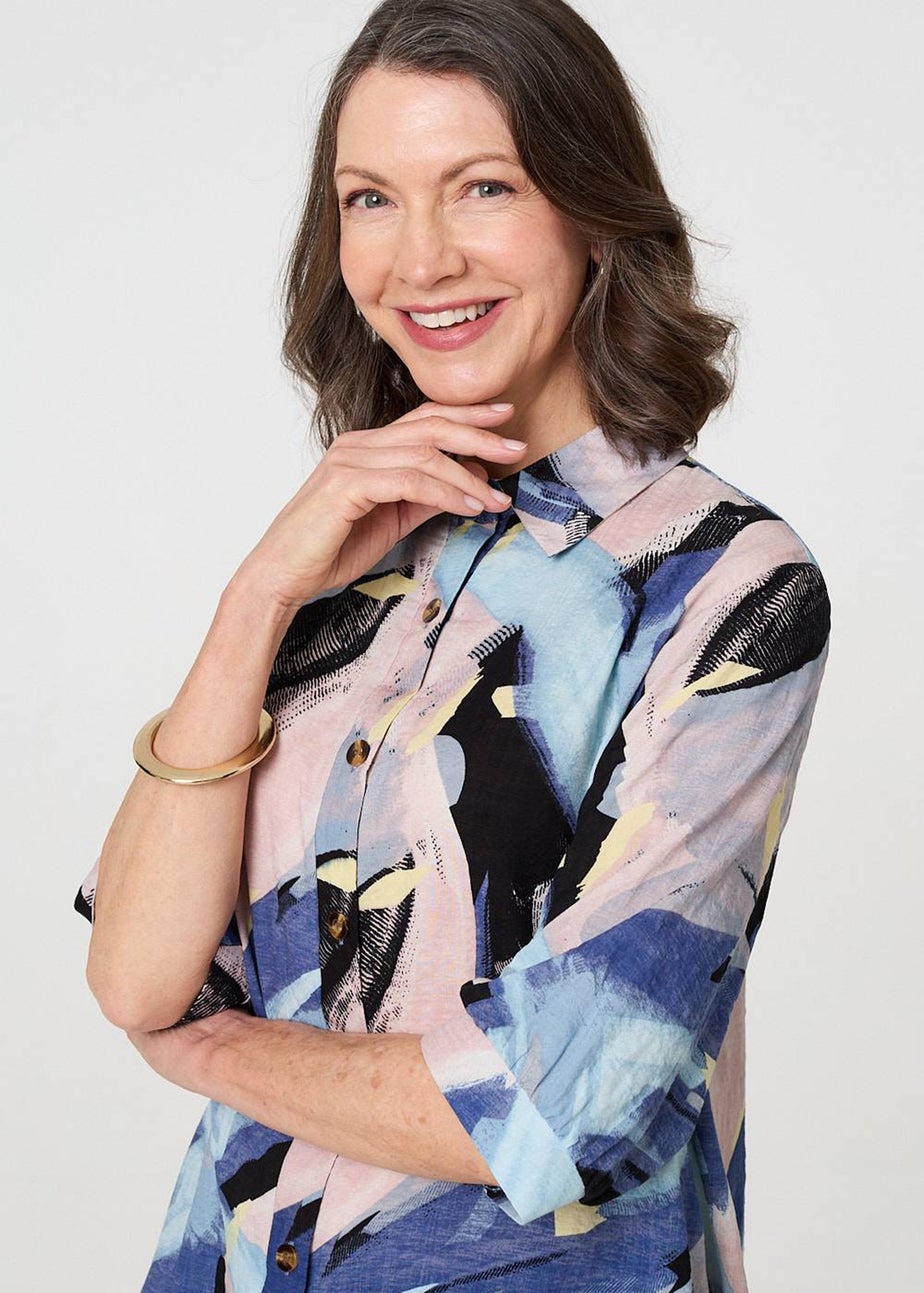 Izabel London Blue Brushstroke Print Collared Relaxed Shirt