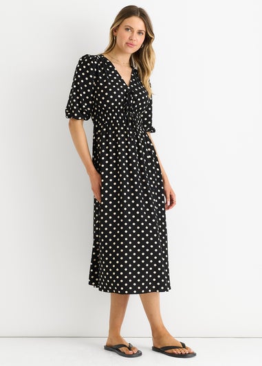 Gini London Black Spot Print Shirred Waist Shift Midi Dress