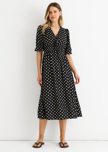 Gini London Black Spot Print Shirred Waist Shift Midi Dress