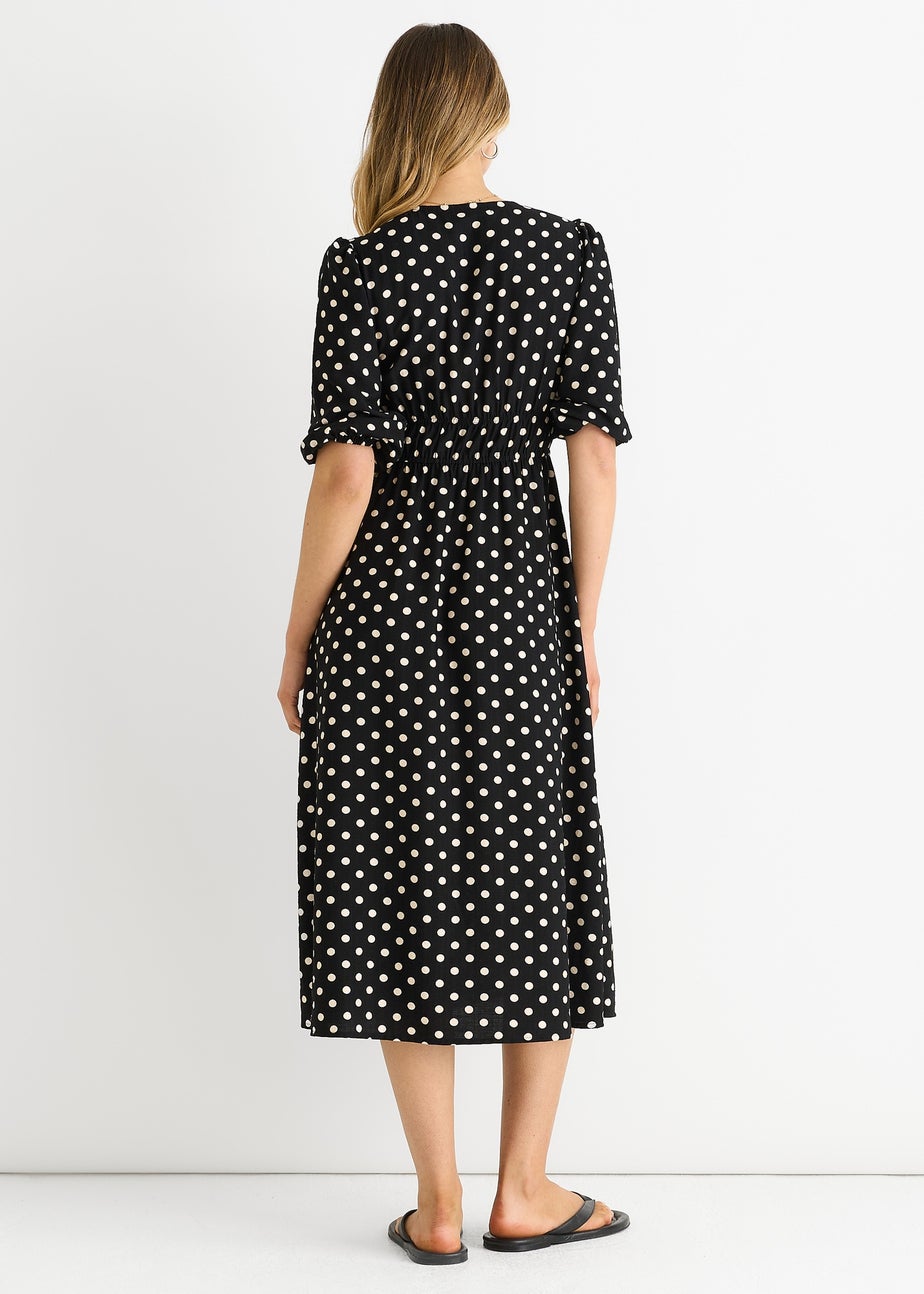 Gini London Black Spot Print Shirred Waist Shift Midi Dress