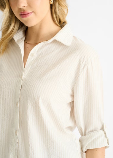 Gini London Beige Cotton Stripe Roll Up Sleeves Shirt