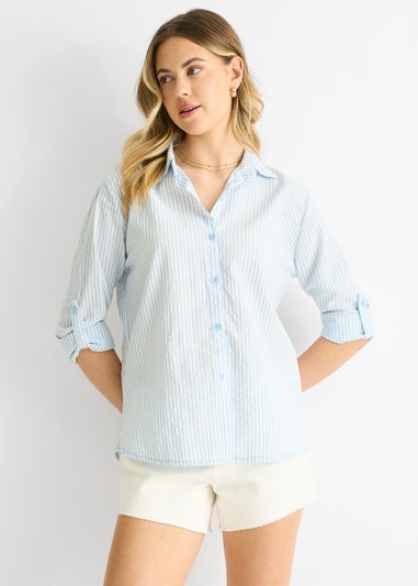 Gini London Blue Cotton Stripe Roll Up Sleeves Shirt