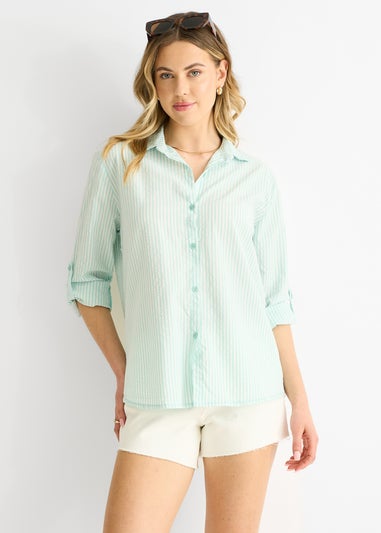Gini London Sage Green Cotton Stripe Roll Up Sleeves Shirt