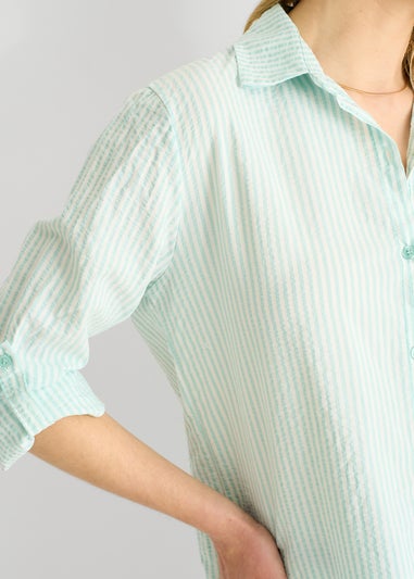 Gini London Sage Green Cotton Stripe Roll Up Sleeves Shirt