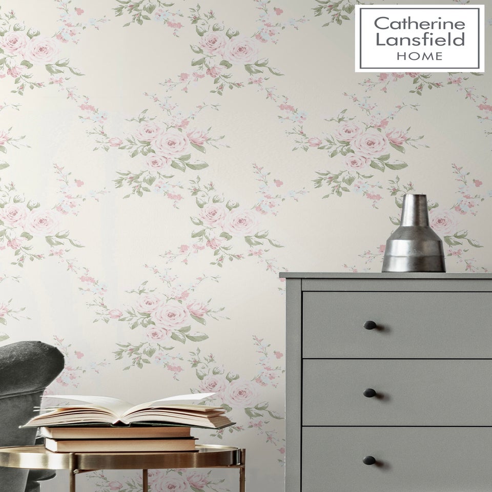 Catherine Lansfield Canterbury Floral Cream & Pink Wallpaper