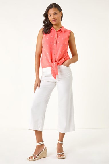 Roman Coral Embroidered Tie Front Blouse