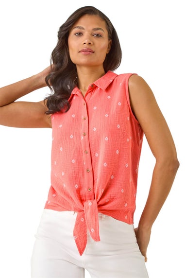 Roman Coral Embroidered Tie Front Blouse